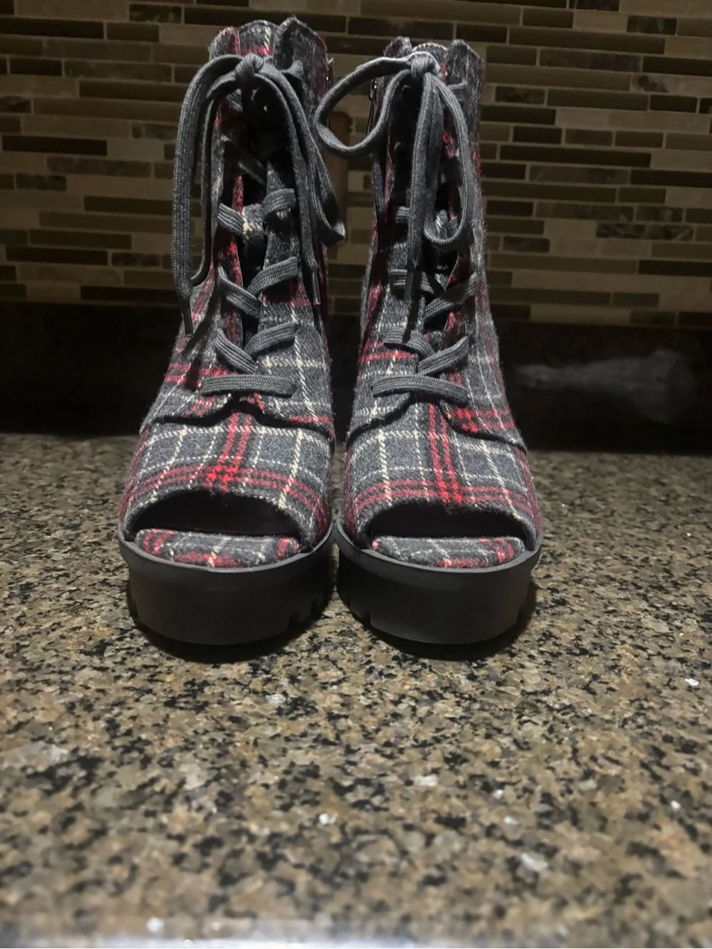 Jessica Simpson Plaid Lace-Up Chunky Heel Ankle Boots - Red & Gray
